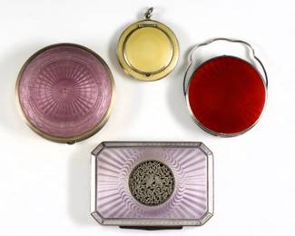 Four early 20th century Silver cases with Guilloche enamel decoration.  Circular and rectangular forms, includes two Foster & Bailey Sterling compacts with Red and Lavender decoration (marked "FB Sterling"), a pierced Austrian Sterling compact with Lavender decoration (marked "935 JL Austria Sterling"), and a Swedish .800+ Silver cigarette case with Pale Yellow decoration (Swedish Three Crown hallmark, illegible maker's mark and "S" denoting Silver content .800 or higher).  Some surface wear and minor losses to enamel, particularly to Red and Yellow compacts.  Up to 2 1/2" diameter and 3 1/4" long. 
