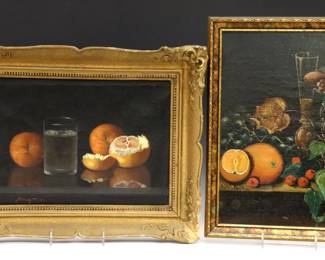 Two early 20th century still life paintings with fruit.  Includes an oil on board still life with fruit and compote signed "Abraham Holmes" (n.d.) and an oil on canvas still life with oranges and illegible artist signature.  Craquelure particularly to Holmes painting, some surface grunge and rippling to canvas.  Framed 12 x 15 3/4" high overall and 18 x 14" high overall.