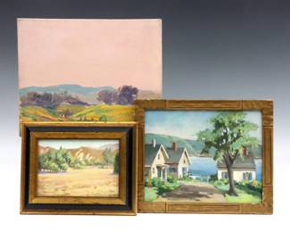 Three 20th century American oil on board landscapes.  Includes an unframed California landscape on Masonite, a New England landscape with cottages on artist board, and a smaller California landscape on artist board.  Larger California landscape annotated illegibly at back with "near Caramel", New England landscape signed McKay (n.d.), smallest unsigned.  Surface grunge overall, unframed landscape with minor staining around edges.  Images up to 12 x 10" high overall. 
