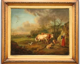A 19th century oil on panel landscape with livestock.  Depicts a woman holding a baby while standing beside livestock and a herding dog, with a cottage and farmland in the distance.  Unsigned.  Panel split with glued repair, some surface grunge and shrinkage, slight craquelure.  Image 17 3/4 x 14 1/4" high, in a molded wood frame with some flakes, 23 3/4 x 20 1/4" high overall.  
