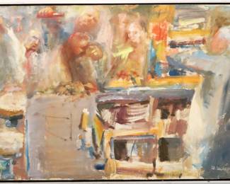 William Lewis, American (Ann Arbor, MI), 1918-2020.  A 1960's oil on canvas depiction of a Civil Rights lunch counter sit-in, titled "Lunch Counter; Southern Baptism".  Signed "W. Lewis" and dated "1962-1964" lower right, titled verso.  Some surface grunge. Image 40 x 24" high, in painted silver wood frame, 41 x 25" high overall.   PROVENANCE: From the estate of the artist.
