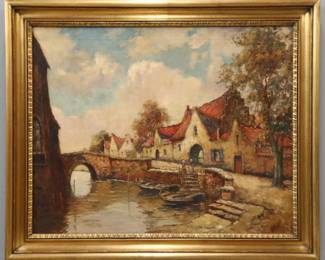 Martin Dillon, American, 19th/20th century.  An early 20th century canal scene depicting figures walking at the edge of a canal with stone buildings and bridge.  Craquelure, some surface grunge and minor staining.  Image 29 1/2 x 23 1/2" high, in a contemporary frame, 35 x 29" high overall.  
