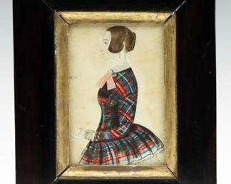A mid 19th century American Folk Art portrait of a woman.  Gouache on card paper, depicted half length in profile wearing a plaid dress with letter in hand.  Signed "W. Murray, fecit" and dated "1849".  Toning and foxing, paper with very slight damage at edges, glass chipped at corner.  Paper 3 1/2 x 5" high, in a period softwood frame with some wear, 6 1/4 x 7 3/4" high overall.  

