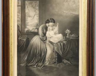 A late 19th century Victorian engraving on paper, titled "Only a Little Brook" c. 1870.  Depicts an interior scene with a mother holding her sick child.  Titled lower center with "Engraved by J.C. Buttre" after "Miss A.R. Sawyer" and published by "George Stinson & Co. Portland, Maine".  Toning, minor rippling, scratch to glass.  Image 14 x 20" high, in a molded wood frame with some wear, 19 1/4 x 25 1/4" high overall. 
