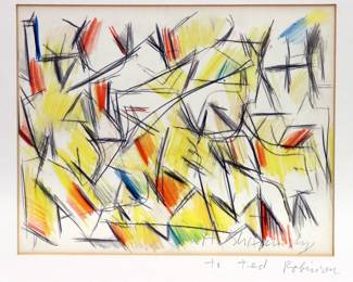 Harold Shapinsky, American, 1925-2004.  A 1980's Abstract Expressionist mixed media on paper.  Signed "H. Shapanksy" lower right, annotated "D.86.1158 / Done in Studio / 12 East 22nd St. 2D / Aug 1986" verso.  Minor toning particularly along edges.  Paper 14 x 11" high.
