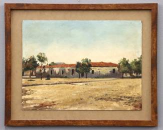 A 20th century oil on artist board landscape of an American Southwest Pueblo.  Depicts a red roofed Pueblo building among trees.  Signed "B. Morgan" (n.d.) lower right.  Mounted to Masonite, some staining, minor paint loss along edges.  Image 12 1/4 x 9 1/4" high, in a wooden frame, 15 1/2 x 12 1/2" high overall.