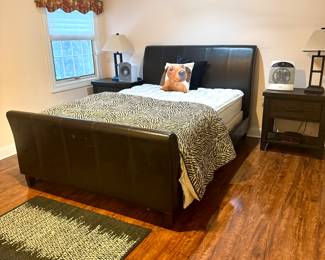 Leather Queen size bed with mattress/Box Spring and 2 Night Stands