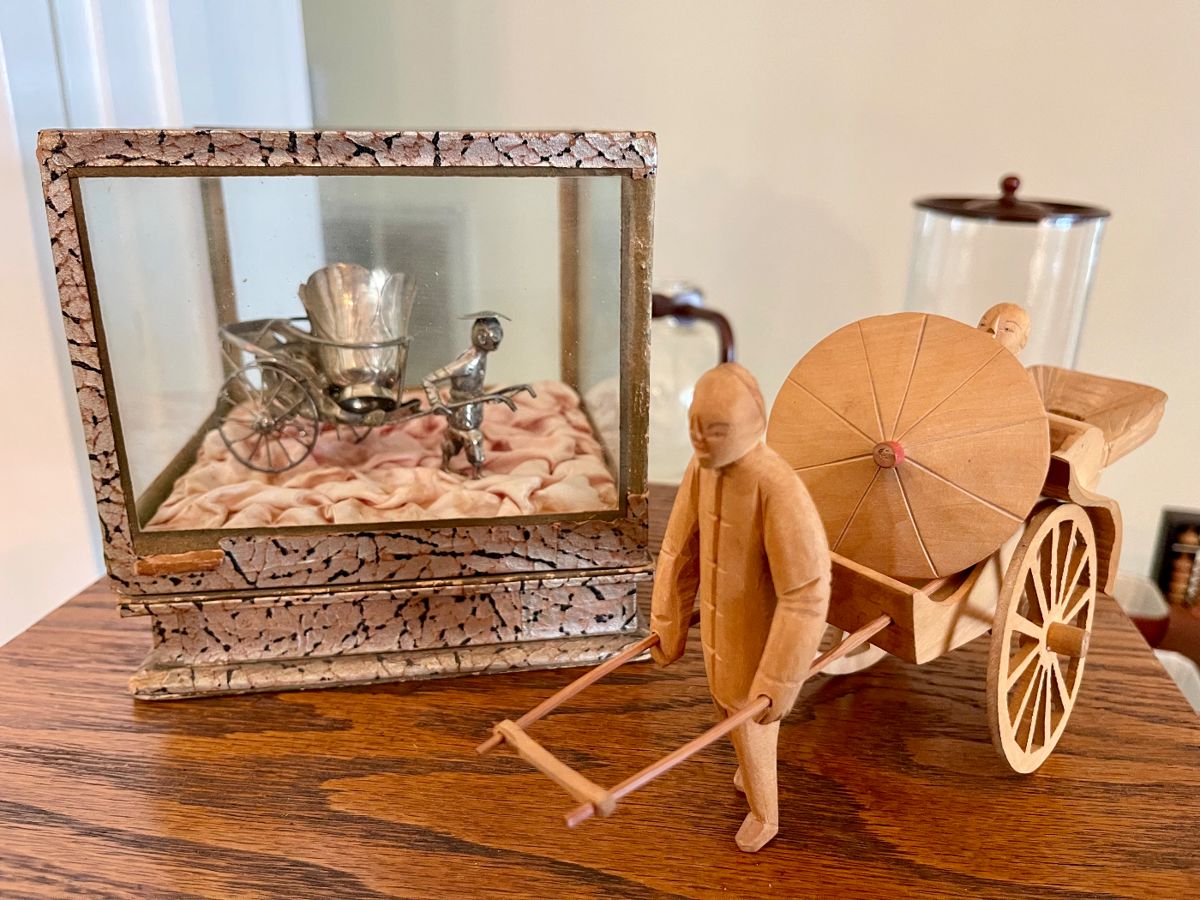 SIGNED RARE ANTIQUE CHINESE SILVER STATUE OF RICKSHAW DRIVER IN DECORATIVE GLASS CASE, CHINESE HANDCARVED SOFT WOOD FIGURE OF RICKSHAW & PASSENGER