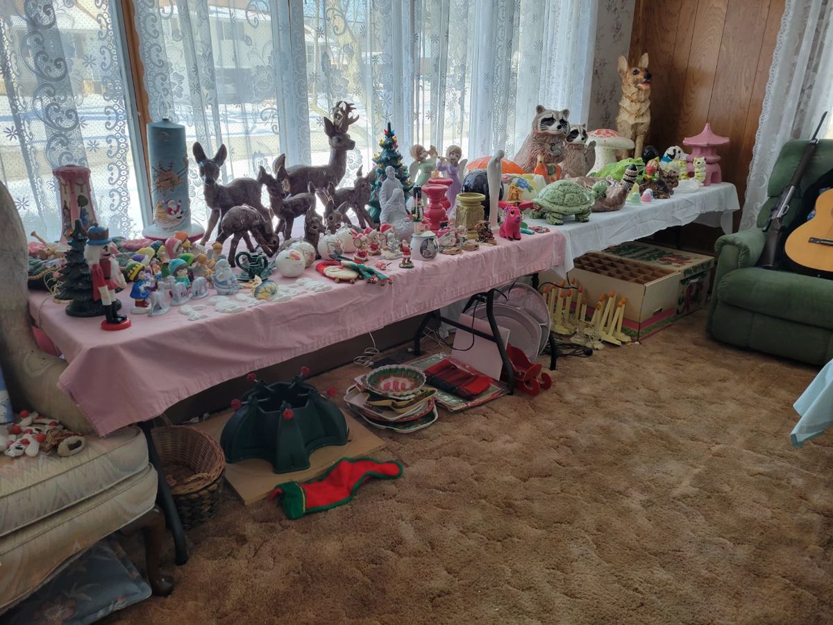 Lots of interesting and rare 70's and 80's ceramics. Ceramic Christmas trees, ceramic christmas christmas candle, ceramic deer, ceramic raccoons, ceramic mushroom and more!