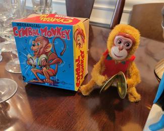 Cymbal monkey, 1972 vintage mechanical toy with original box.