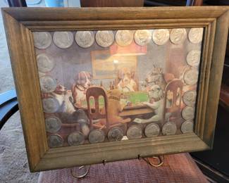 Dogs playing cards picture with 25 Eisenhower dollar coins.