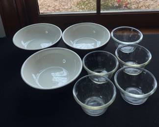 Glass PYREX Ramikens And Mocha Homer Laughlin Bowls