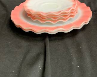 6 Piece Pink Ripple Crinoline Milk Glass Plates
