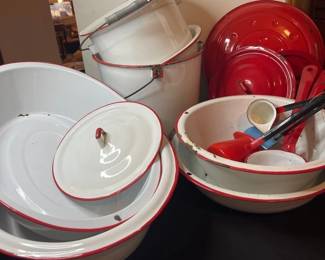 Huge Red And White Enamelware Mystery Lot