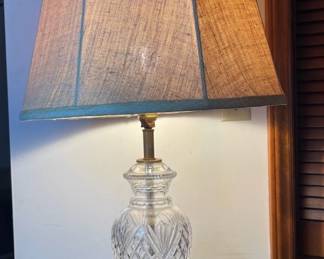 Beautiful Cut Glass Lamp With Gold Colored Shade TESTED 