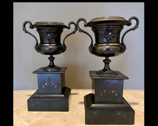 Pair of Antique Mantel Campana Urns on Slate Pedestal Bases, 12” High 