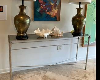 Modern Silvered Metal and Smoked Mirror Console