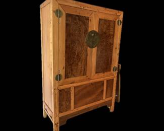 Antique Chinese Armoire, or "Moon Cabinet" with Burled Wood Panels and Brass Hardware