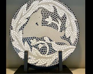 Hand Painted Plaster “Mosaic” on Stand, 16” Diameter by 3” deep 