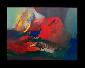 Ann Harding, American, Louisiana, Professor Emerita, Louisiana State University, Original Oil on Canvas, "Peacocks", 35 1/2 inches high by 47 1/2 inches wide