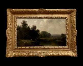 Henry Whiting, American, 19th Century Signed Original Oil on Canvas, Landscape With Cattle, Gold Leafed Finished Corner Frame