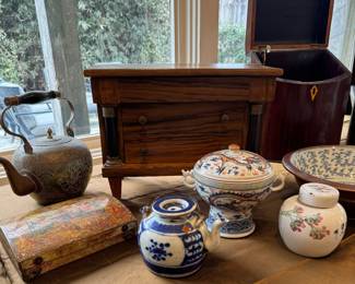 Chinese porcelain smalls, a one of a kind bench made jewelry box, other treasures from around the world 