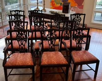 Set of twelve antique Chippendale style dining chairs, beautifully carved rail and splat, Marlborough legs, excellent condition 