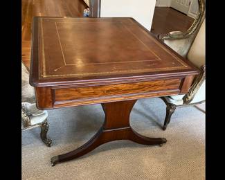 Antique Georgian Writing Table/Desk with Leather Top, Trestle Base,Stretcher, Brass Capped Casters, and Single Drawer. 30” High by 50” Wide by 42” Deep