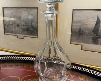 Baccarat Harcourt crystal decanter, and a pair of antique lithographs of Venice, custom framed. 