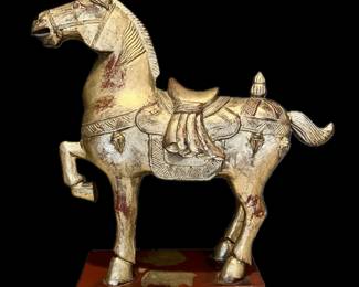 20th Century Chinese Gilt Carved Wooden “Tang Horse” Sculpture, 18” high by 18” wide by 4.5” deep 