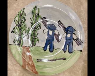 “Sugarcane Harvest” set of 10 hand made, hand painted dinner plates by Steve Hasslock, New Orleans, dated 2002