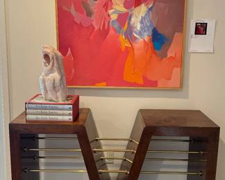 FAB Modern Bar with Wine Storage, Solid Mahogany with Brass Accents. Originally Purchased at Dixon Smith Interiors. 36” High by 60” Wide by 18” Deep 