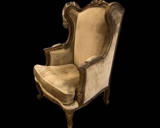Pair of Louis XV Style Armchairs Featuring Gilt Carved Wood, curved Crest Rail and Cabriole Legs, 48" High by 30" Wide by 29" Deep