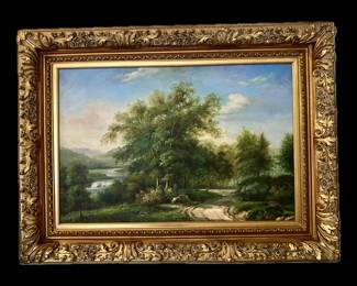 20th Century Original Oil on Canvas Landscape signed T. Woodville in an ornate gold frame, measuring 34” high by 46” wide
