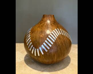Natural Gourd, Hand Painted, with Hand Applied Metal Staples, 11” High by 11” Diameter