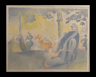 Henri Edmond Cross, France, 1856-1910, "Aux Champs Elysees", Color Lithograph on Paper, circa 1898, Custom Framed