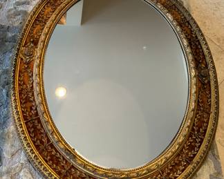 PAIR of Outstanding Antique 19th Century Carved Gilt Oval Mirrors with Original Velvet Background. 50” high by 40” wide each 