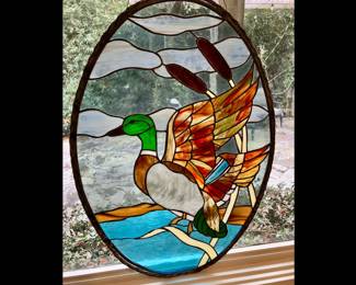 Hand made stained glass panel featuring a Mallard Duck in flight, 28” high by 21” wide, ready for hanging 