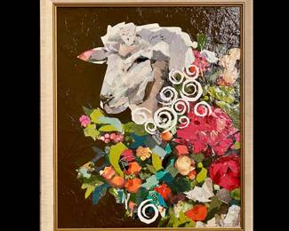 Original multi media collage of a Sheep by North Carolina Artist Shelly Baze Henning, 26” high by 23” wide