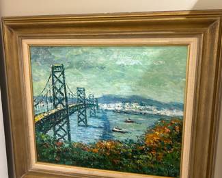 Mid Century Oil Painting believed to be Oakland Bay Bridge – Signed Davis