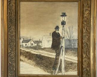 Lamp Lighter Oil Painting in Antique Frame