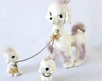 Vintage Porcelain Poodle Family with Real Fur