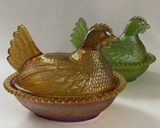Carnival Glass Hens On A Nest Catchall Dishes