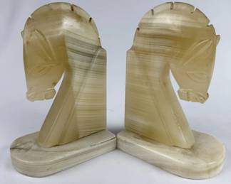 Vintage Pair Carved Onyx Horse head Bookends