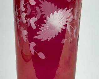 Vintage Etched Cranberry Glass Fluted Vase