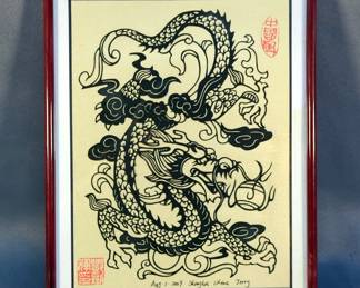 Chinese Paper Cut Art Work, Signed August 1 2009, Shanghai Jerry, 10" x 8", Qty 2 And Cut Dragon Art, Signed 1-31-2009, 5" x 7", All Framed Under Glass