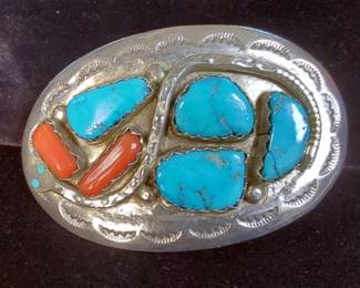 Effie Calavaza Zuni Sterling Silver Turquoise And Coral Belt Buckle, 1.75" x 2.75" 