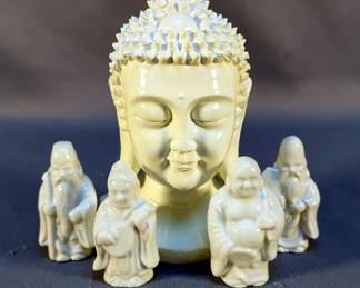 Porcelain Asian Figurines, 3", Qty 4 And Resin Buddha Bust, 6" x 4" 