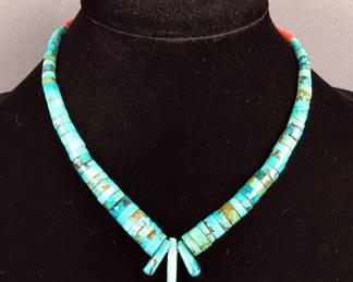Turquoise And Coral Graduating Necklace, 16"