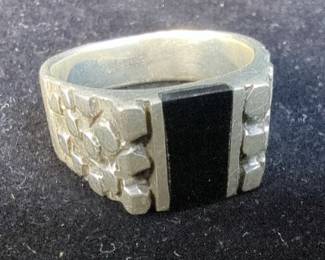 Native American Sterling Silver And Black Onyx Inlay Rings, Size 7, Qty 1 And Size 10, Qty 4 